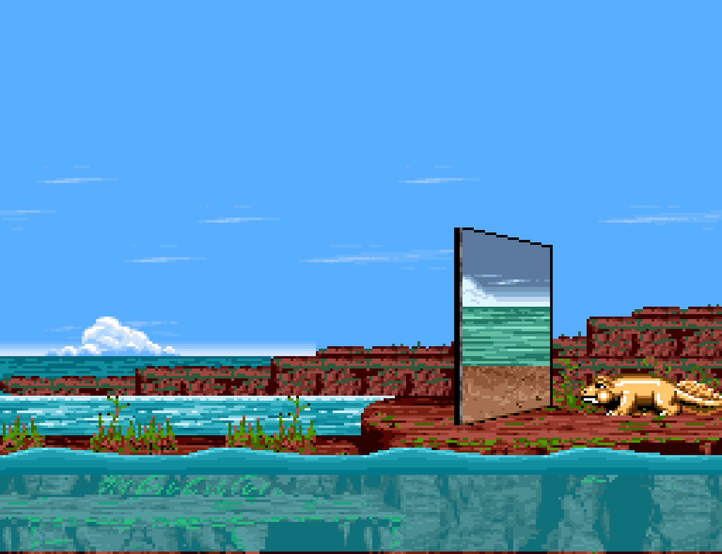 A four-legged land animal stands beside a tall mysterious monolith on a red-earth coast.
