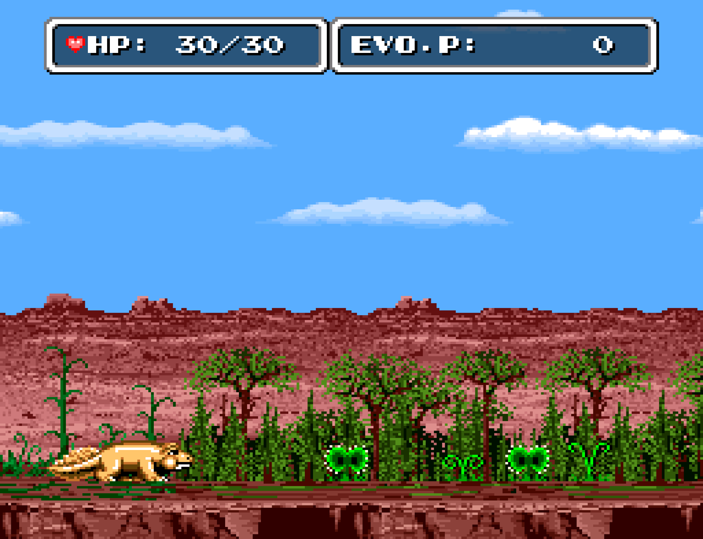 A small beige mammal runs through a pink prehistoric forest.