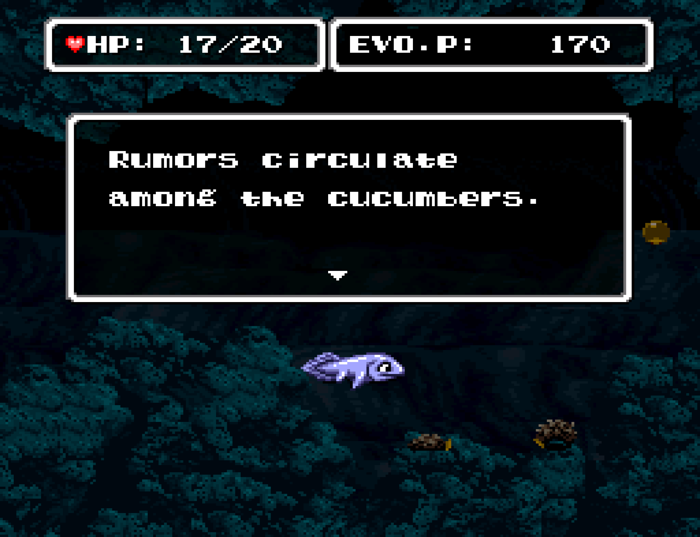 An E.V.O. dialogue box reading "Rumors circulate among the cucumbers."