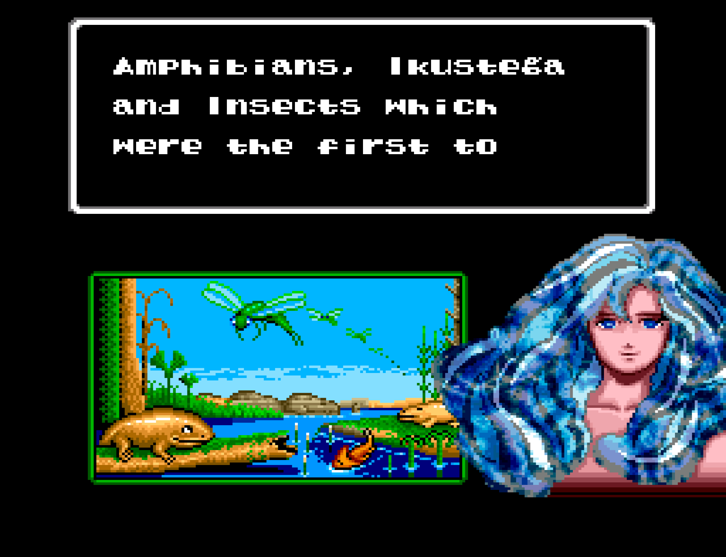 Gaia, the blue-haired daughter of the sun, narrates over an illustration of amphibians and insects.