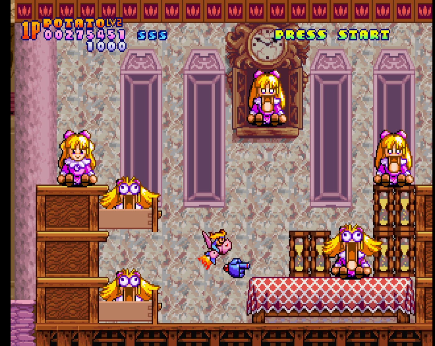 A dollhouse interior with a grandfather clock and heart-faced doll enemies.
