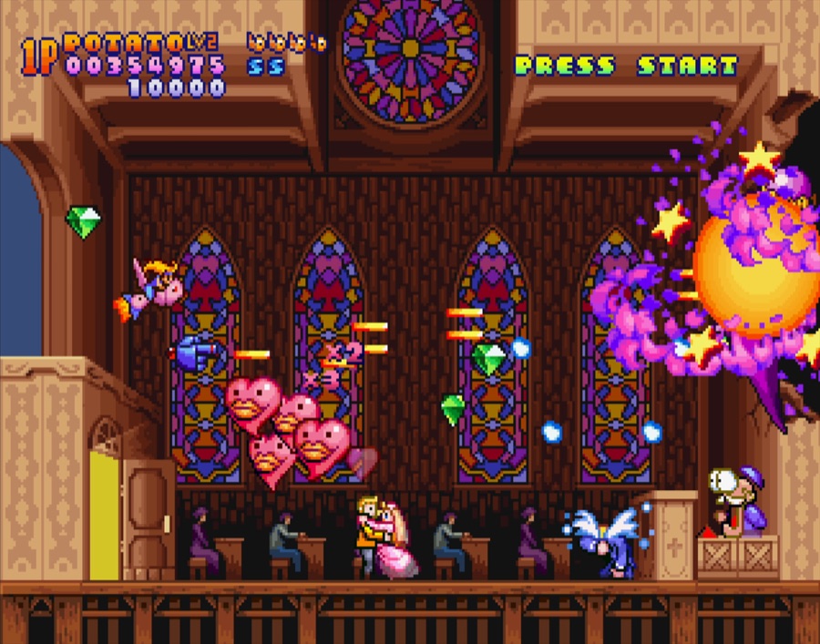 Harmful Park's wedding-cathedral boss — a purple ghost looms over the altar while the sisters' ship fires from the left.