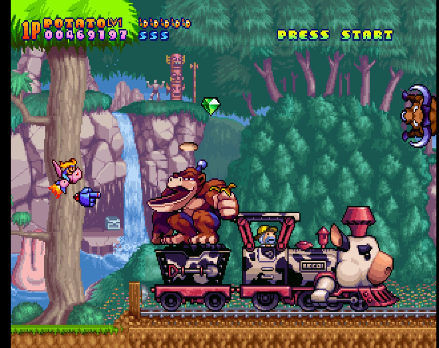 A gorilla riding a minecart with a cow-shaped engine, parodying Donkey Kong.