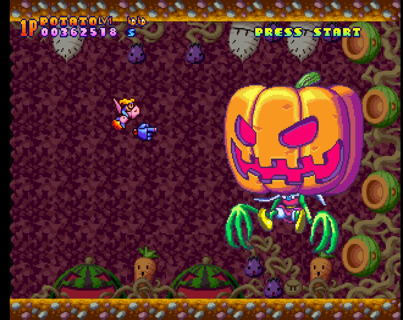 A grinning jack-o-lantern boss and root-vegetable enemies.