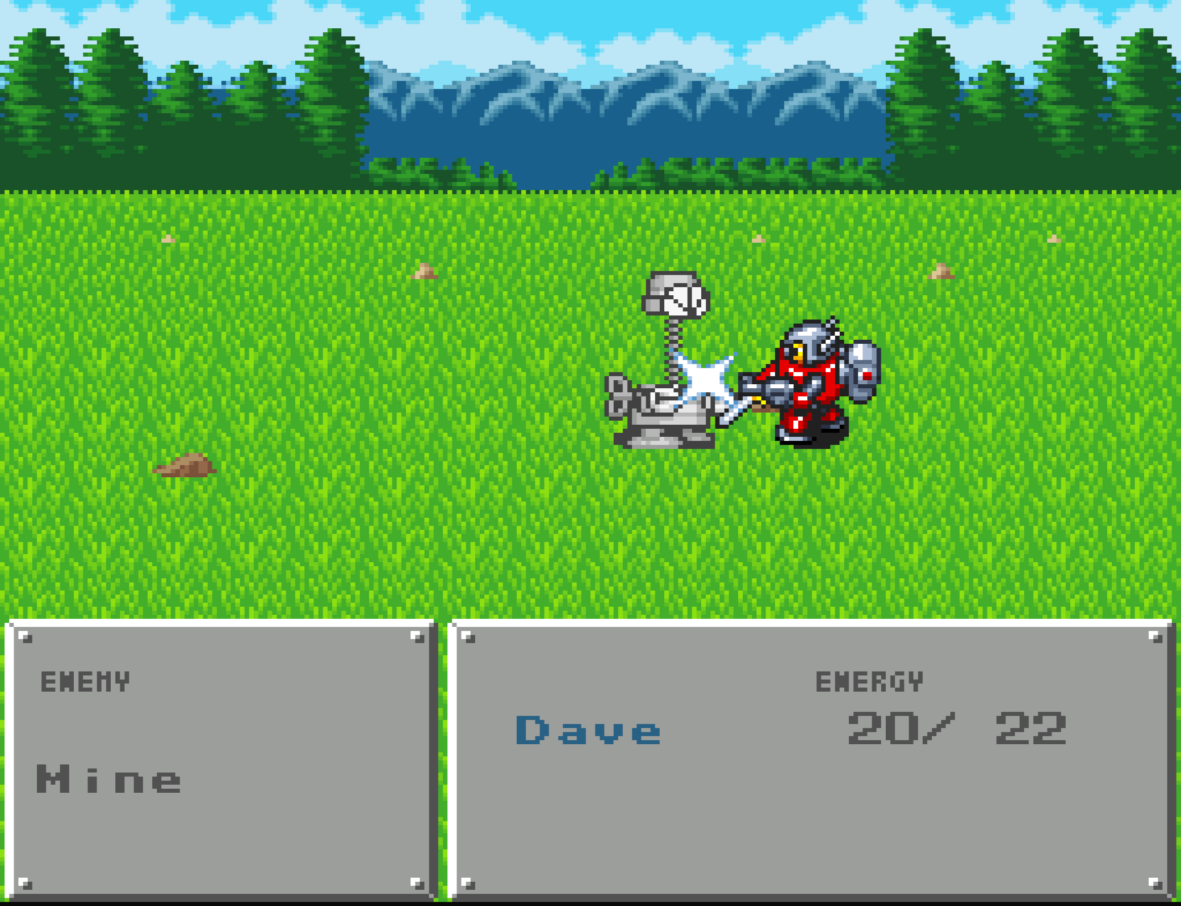 The player's red robot lands a hit on a Mine enemy, its energy gauge reading 20 of 22.