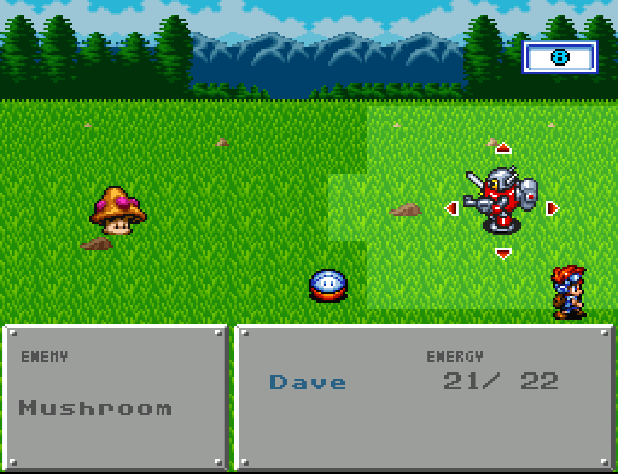 A robot the player built faces a mushroom enemy and a slime across the battle field.