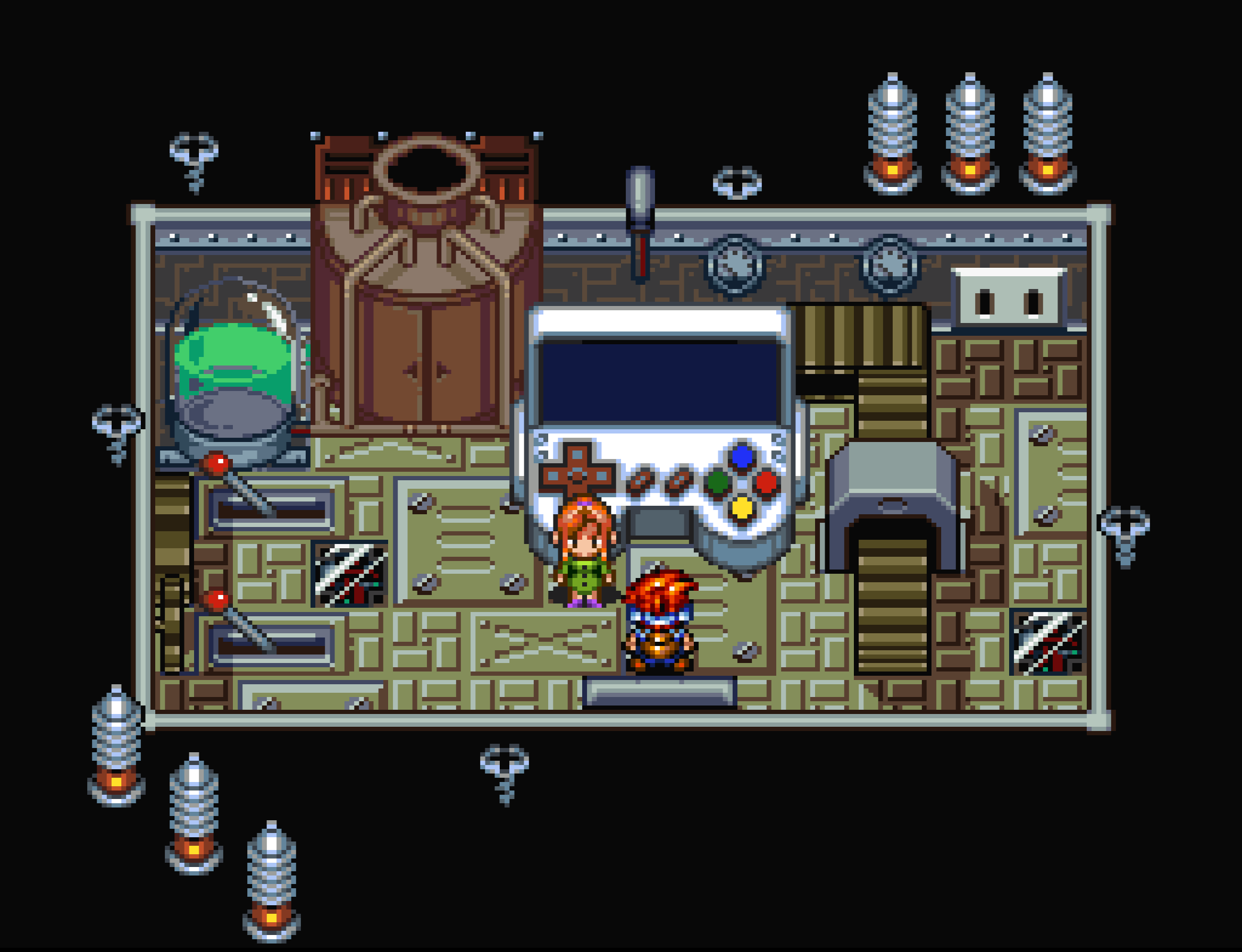 The inventor's workshop in Robotrek — a giant game-controller machine, a bubbling vat, and the bench where every robot gets built.