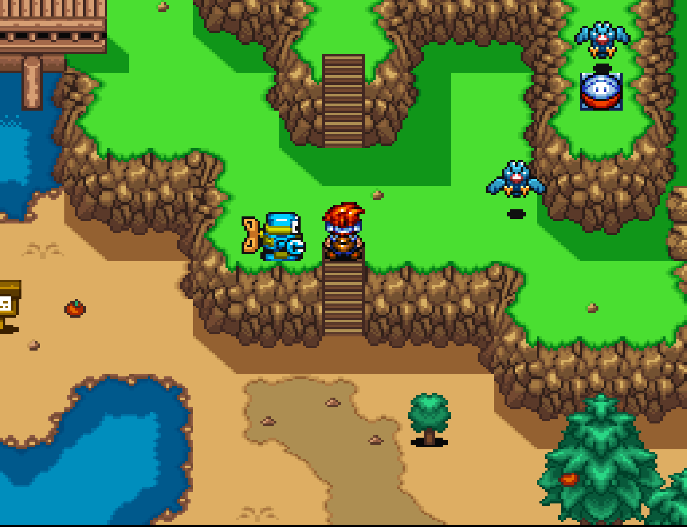 The overworld with enemies visible ahead — birds and a slime the player can choose to walk around.