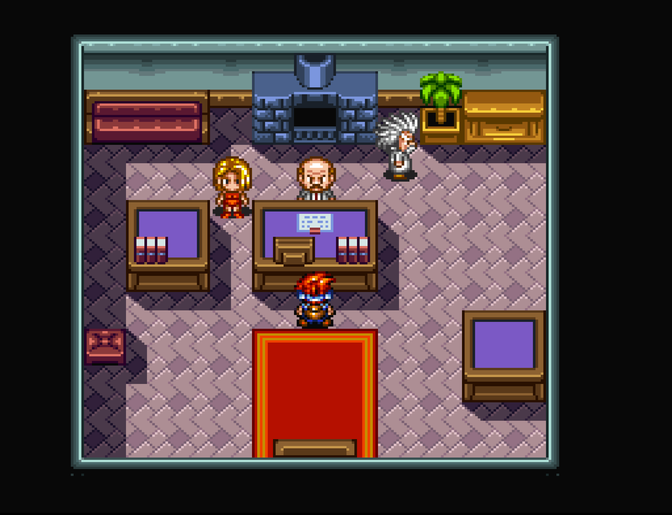 The inventor's home in the town of Rococo — the hero, his dad and the rest of the cast gathered in a room.