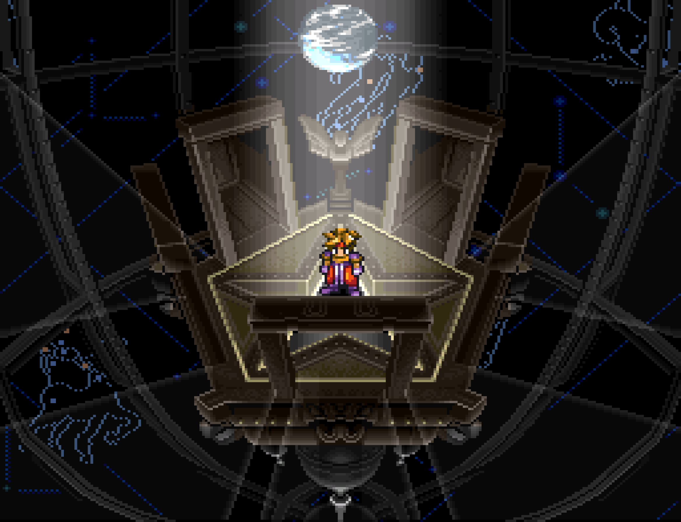 Ark stands alone on a dark platform, gazing up at the glowing Earth suspended above him in a shaft of light.