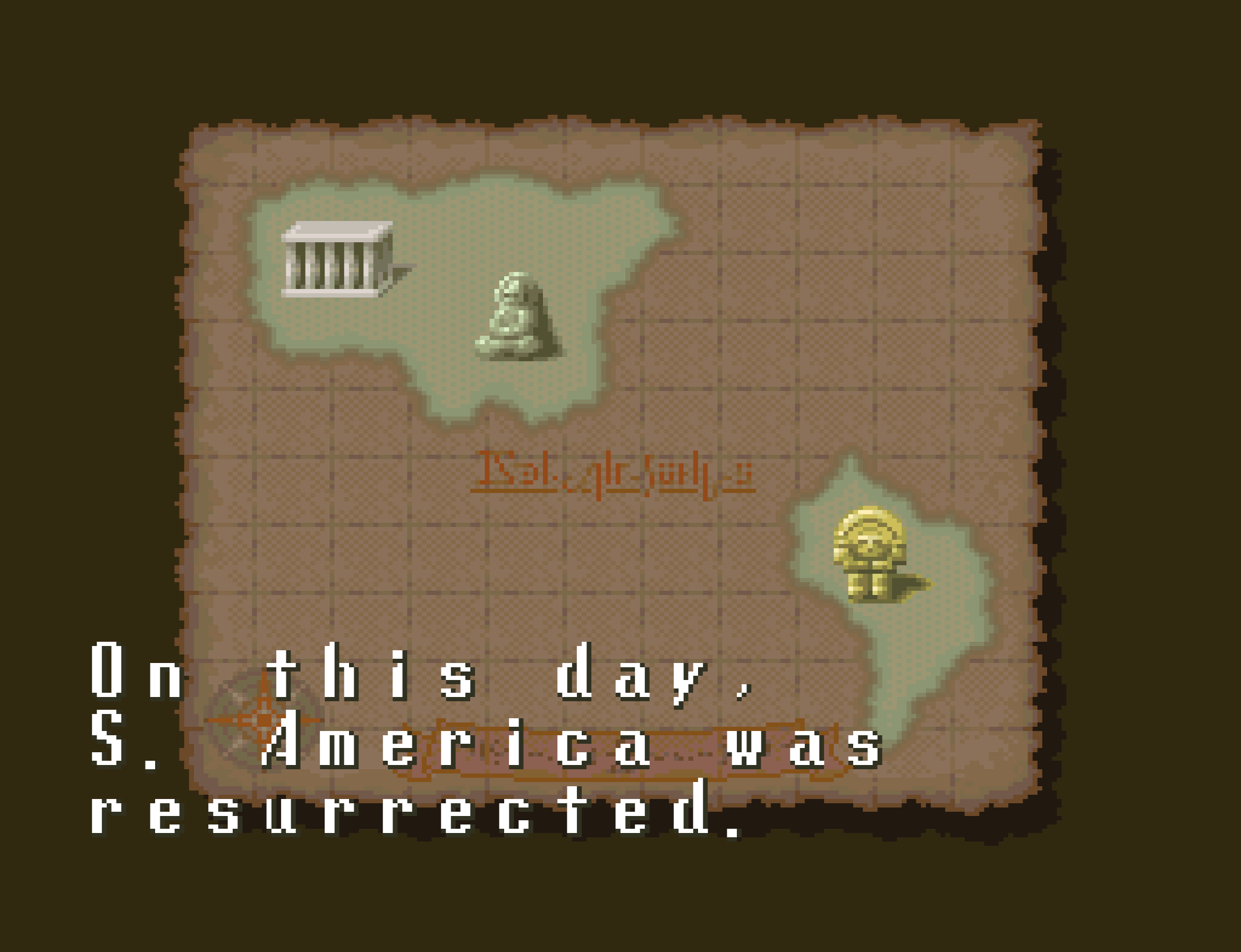 A parchment world map with two continents restored, captioned: On this day, S. America was resurrected.